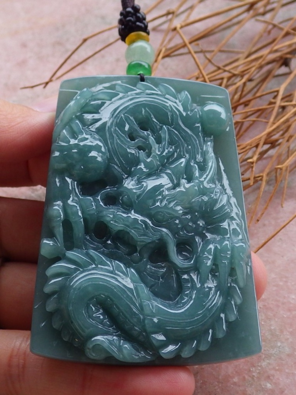 Certified Green Natural A Jade jadeite Dragon Bead Ruyi Pendant Necklace